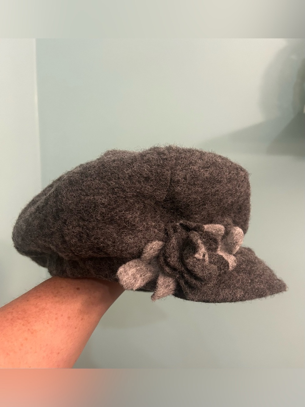 Bordoni Grey Wool Blend Rosette Flower Newsboy Fleece Lined Cap Hat Italy